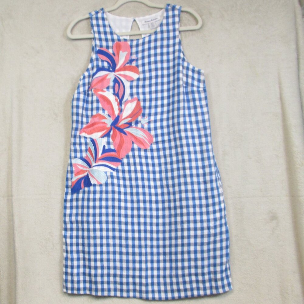 Tommy Bahama Gabriella Gingham Dress Linen Blue White Plaid Embroidered S/P